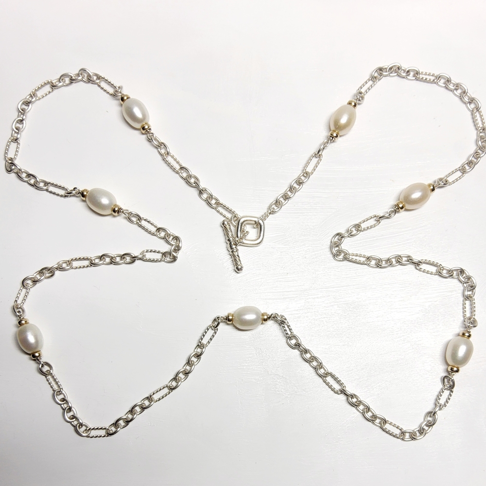 David Yurman Sterling Silver 18K Figaro Chain Station Necklace with Pearls